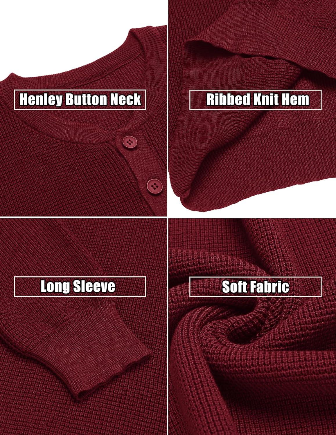 imageCOOFANDY Mens Waffle Henley Shirts Crewneck Lightweight Sweater Long Sleeve Causal Knitted Pullover T ShirtWine