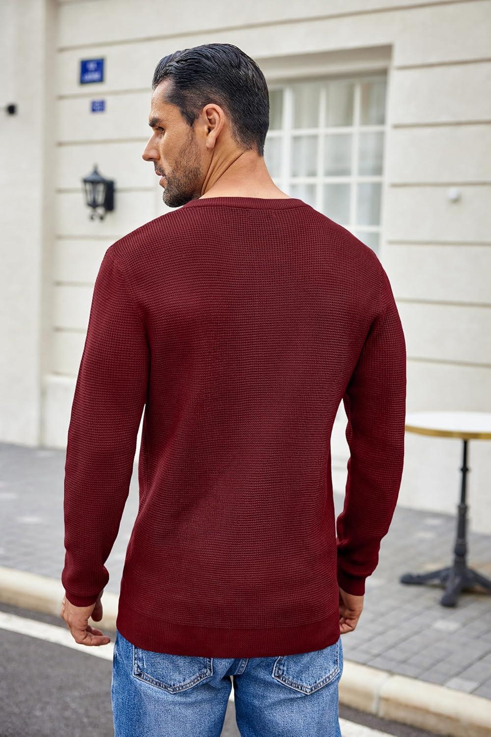 imageCOOFANDY Mens Waffle Henley Shirts Crewneck Lightweight Sweater Long Sleeve Causal Knitted Pullover T ShirtWine