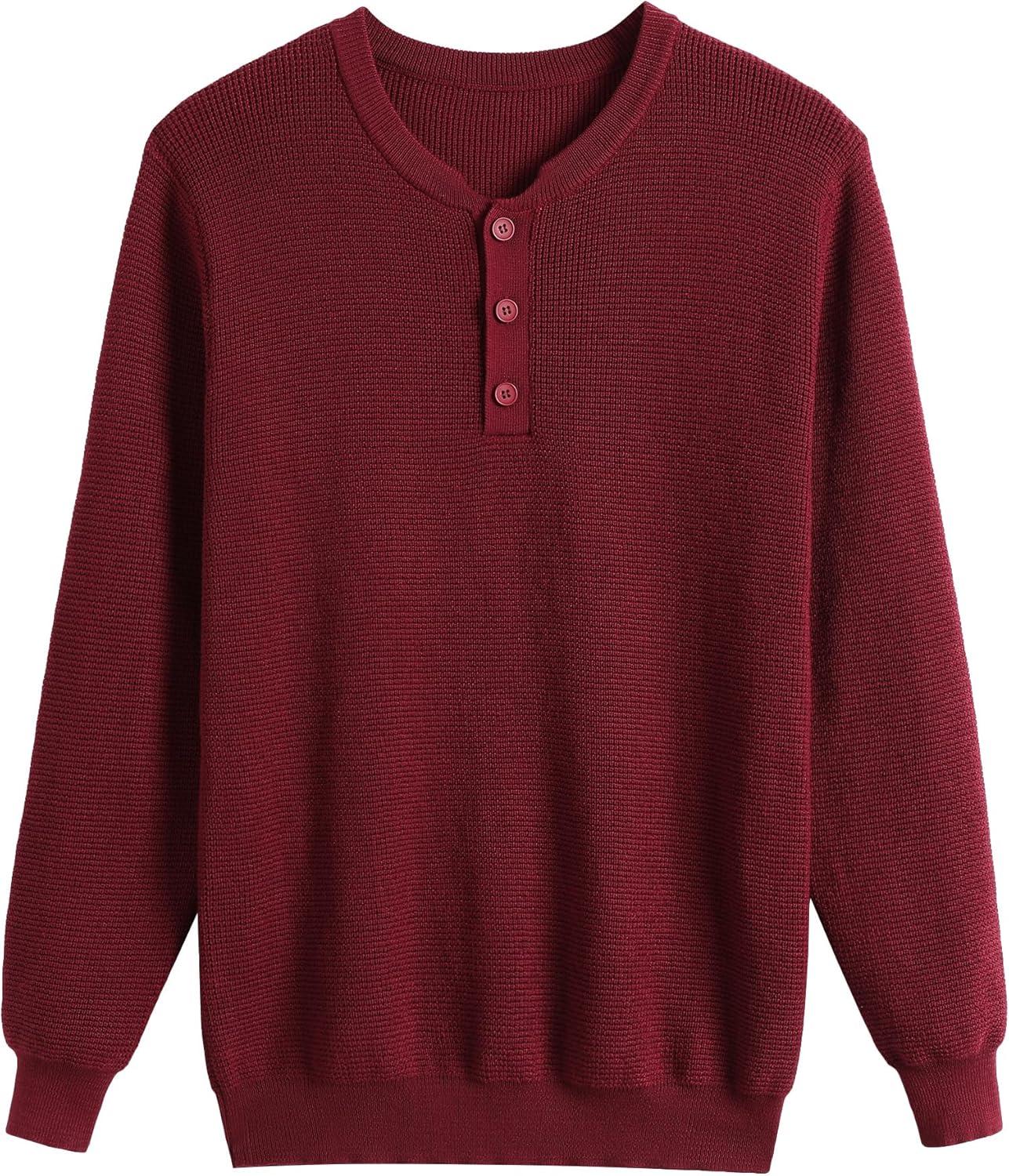 imageCOOFANDY Mens Waffle Henley Shirts Crewneck Lightweight Sweater Long Sleeve Causal Knitted Pullover T ShirtWine