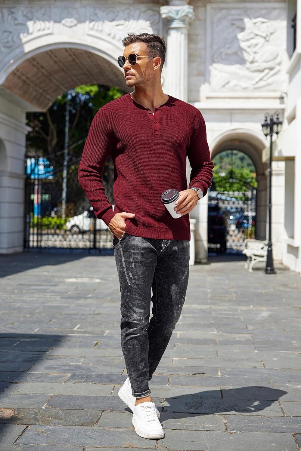 imageCOOFANDY Mens Waffle Henley Shirts Crewneck Lightweight Sweater Long Sleeve Causal Knitted Pullover T ShirtWine