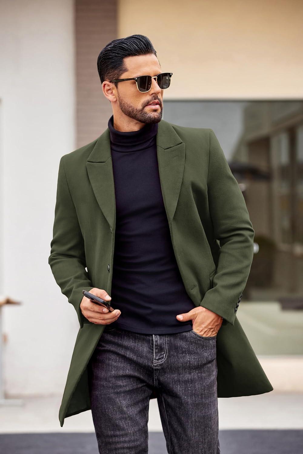 imageCOOFANDY Mens Wool Blend Coat with Detachable Plaid Scarfs Notched Collar Single Breasted Pea Coat Trench Overcoat2army Green