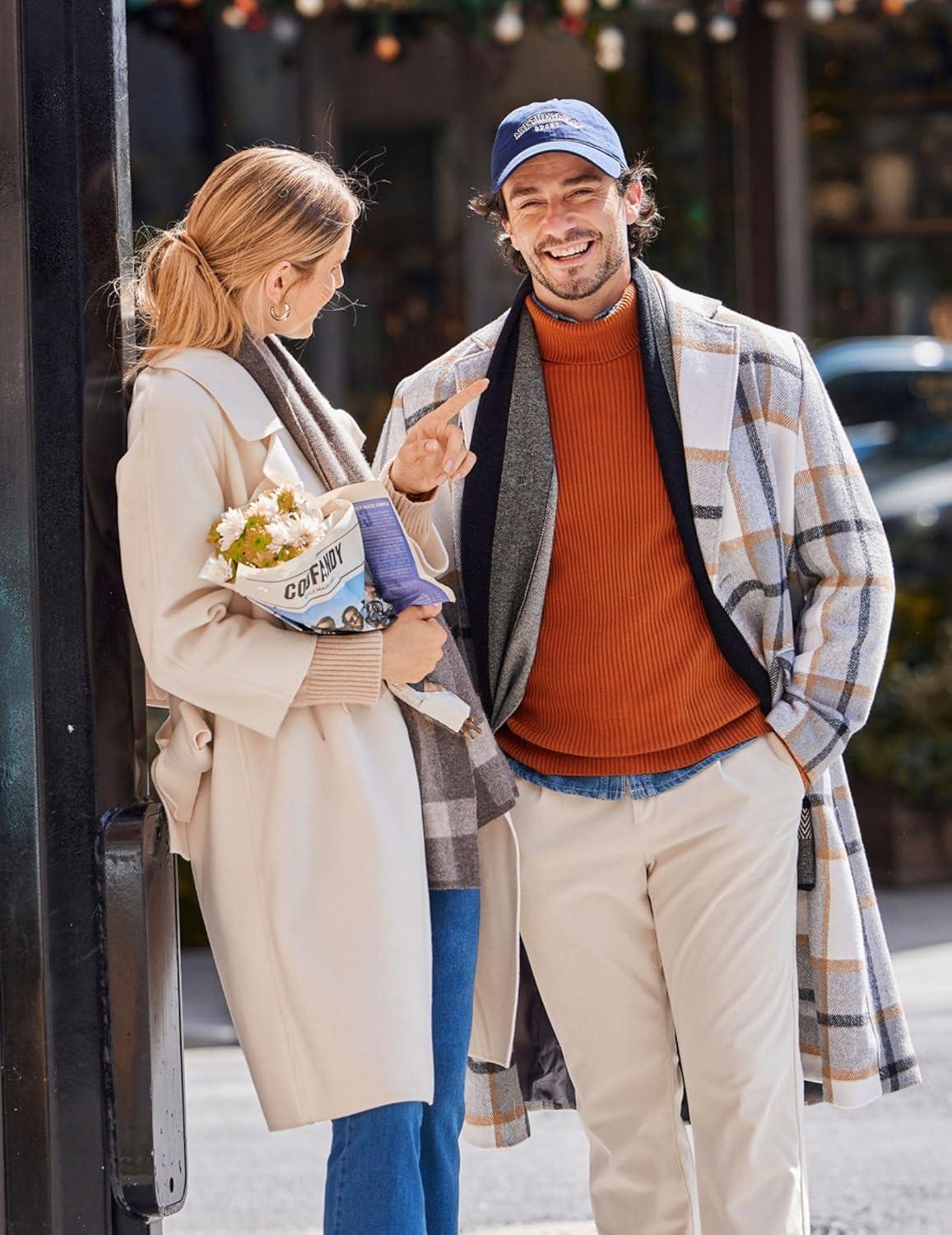 imageCOOFANDY Mens Wool Blend Coat with Detachable Plaid Scarfs Notched Collar Single Breasted Pea Coat Trench OvercoatBbrown Plaid