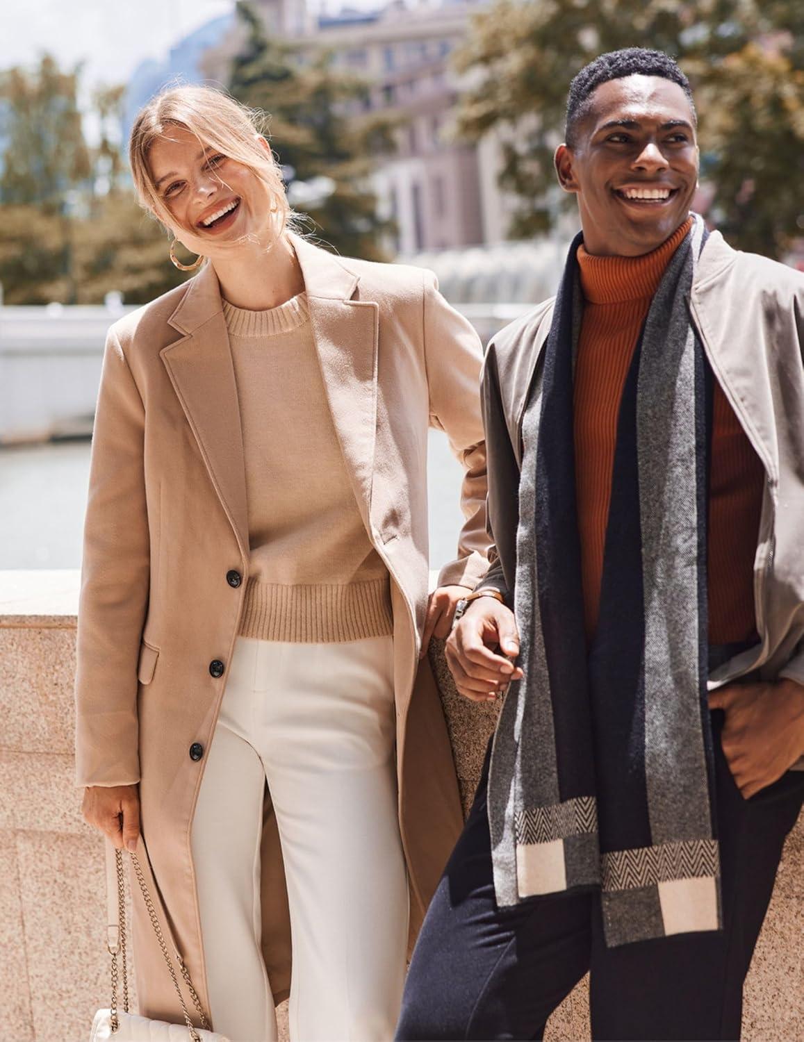 imageCOOFANDY Mens Wool Blend Coat with Detachable Plaid Scarfs Notched Collar Single Breasted Pea Coat Trench OvercoatKhaki