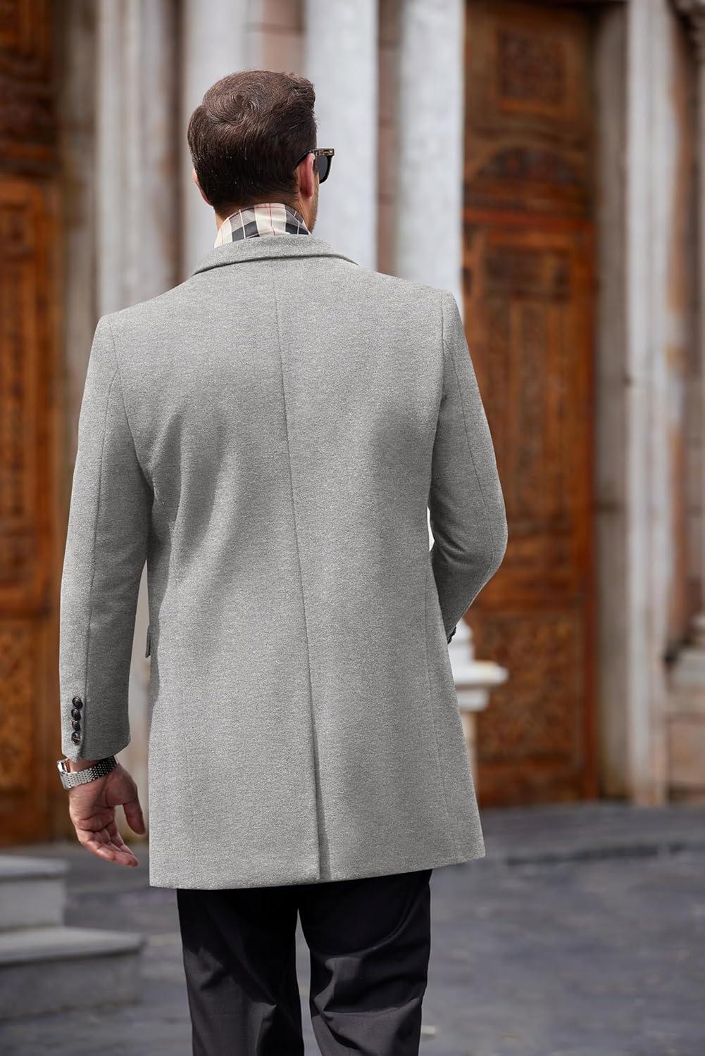 imageCOOFANDY Mens Wool Blend Coat with Detachable Plaid Scarfs Notched Collar Single Breasted Pea Coat Trench OvercoatLight Grey