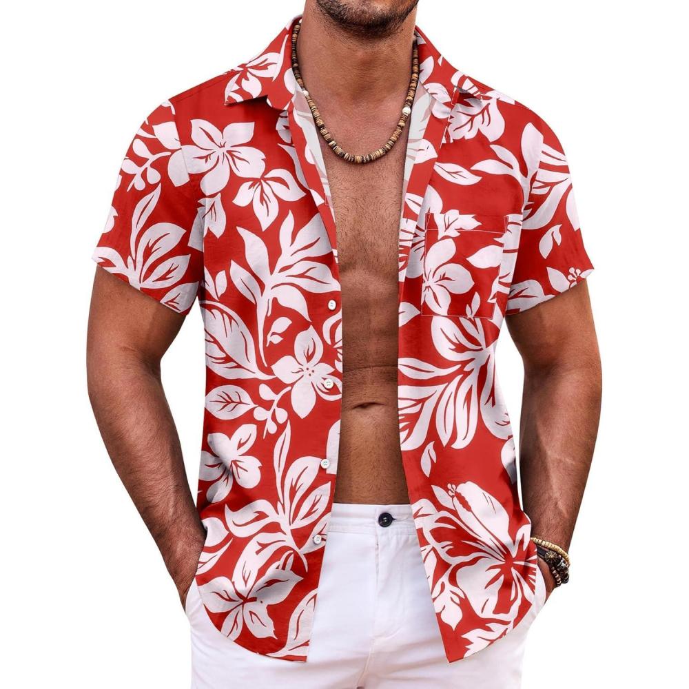 imageCOOFANDY Hawaiian Shirt for Men Short Sleeve Button Down Shirts Summer Vacation Shirt Tropical Shirts RedWhite Floral