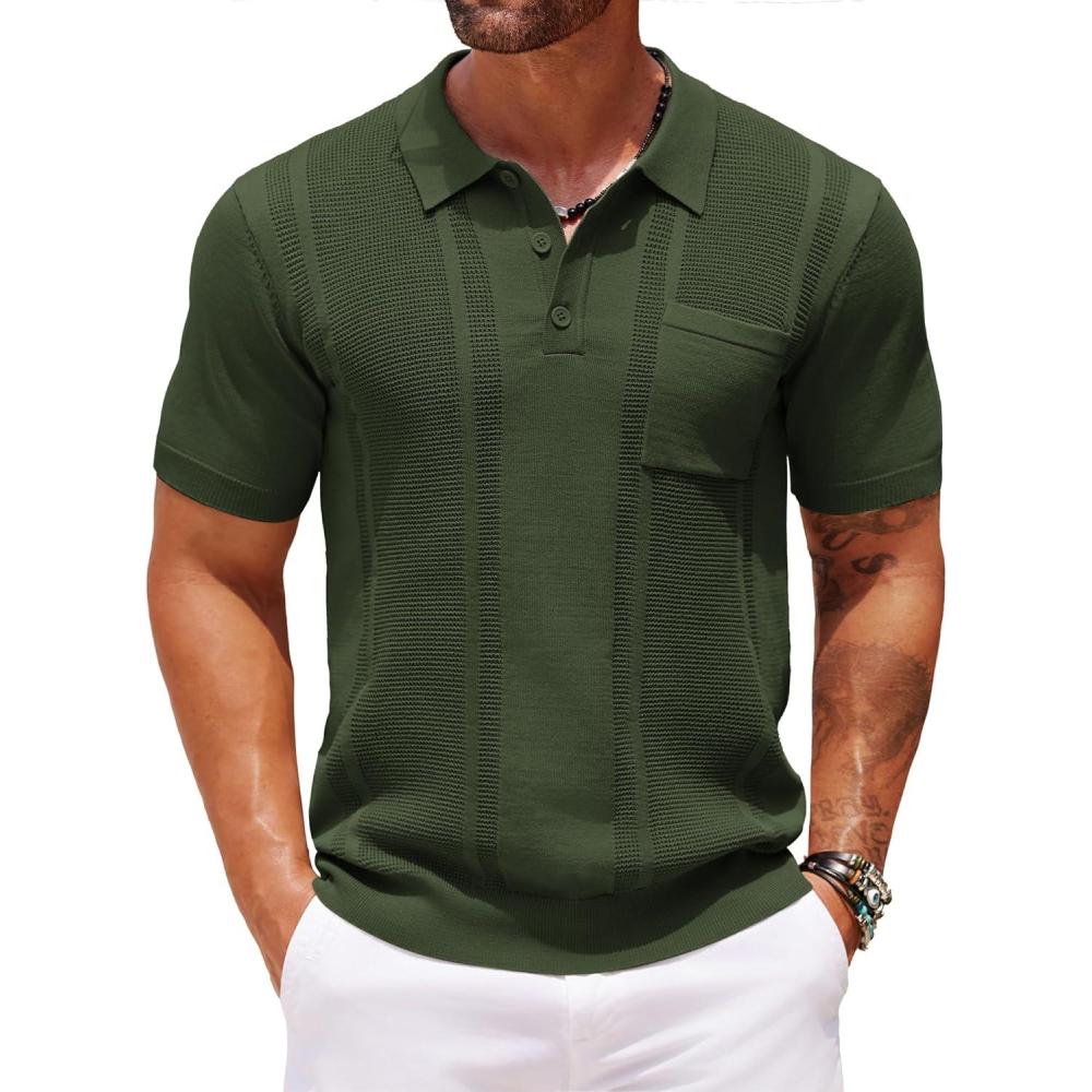 imageCOOFANDY Knit Polo Shirts for Men Short Sleeve Textured Polo Shirt Slim Fit Summer Collared T Shirt with PocketArmy Green
