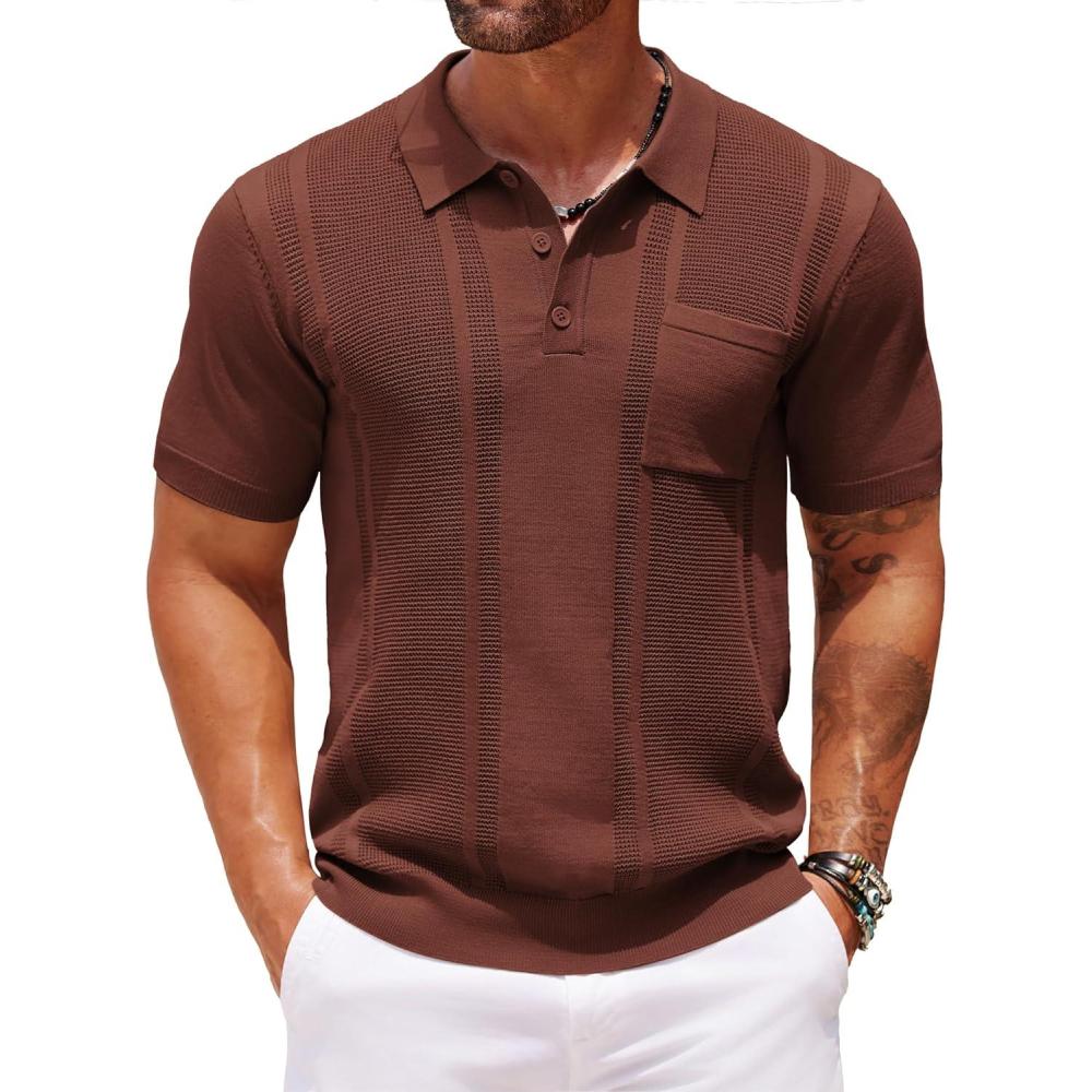 imageCOOFANDY Knit Polo Shirts for Men Short Sleeve Textured Polo Shirt Slim Fit Summer Collared T Shirt with PocketBrown