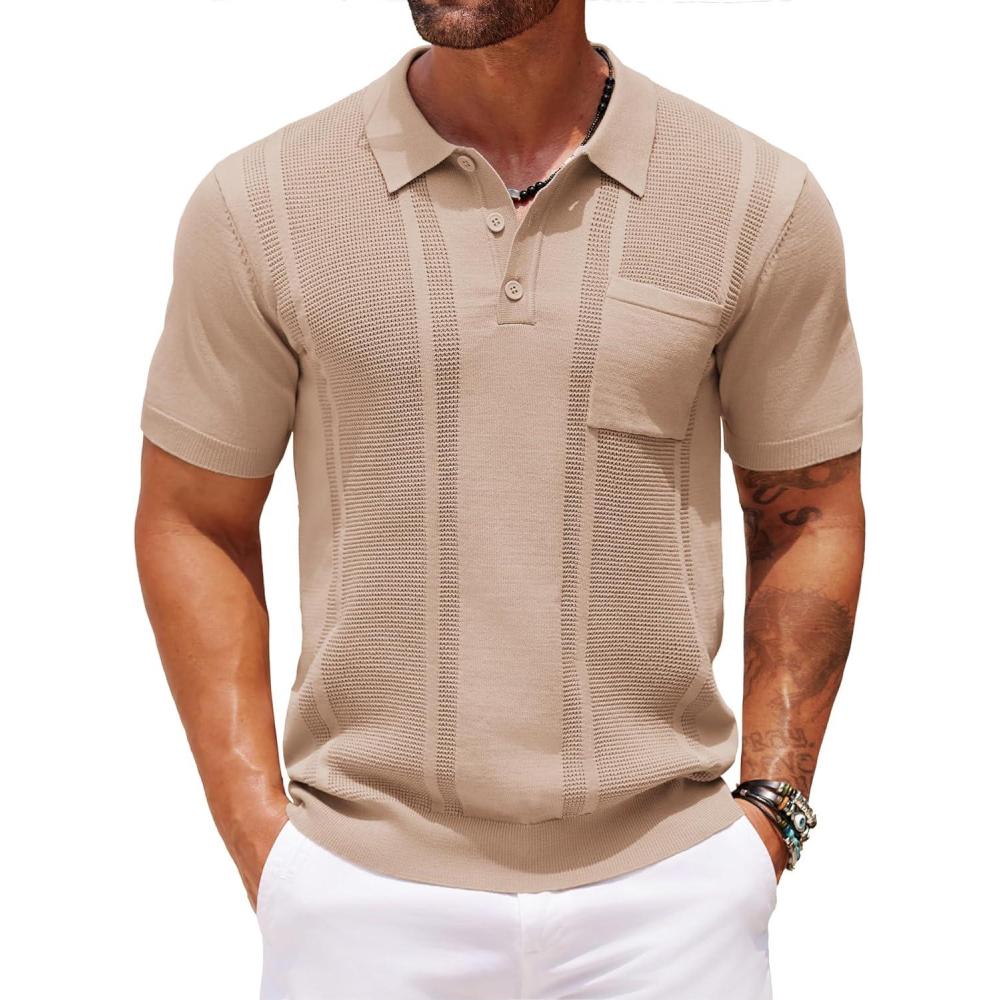 imageCOOFANDY Knit Polo Shirts for Men Short Sleeve Textured Polo Shirt Slim Fit Summer Collared T Shirt with PocketKhaki