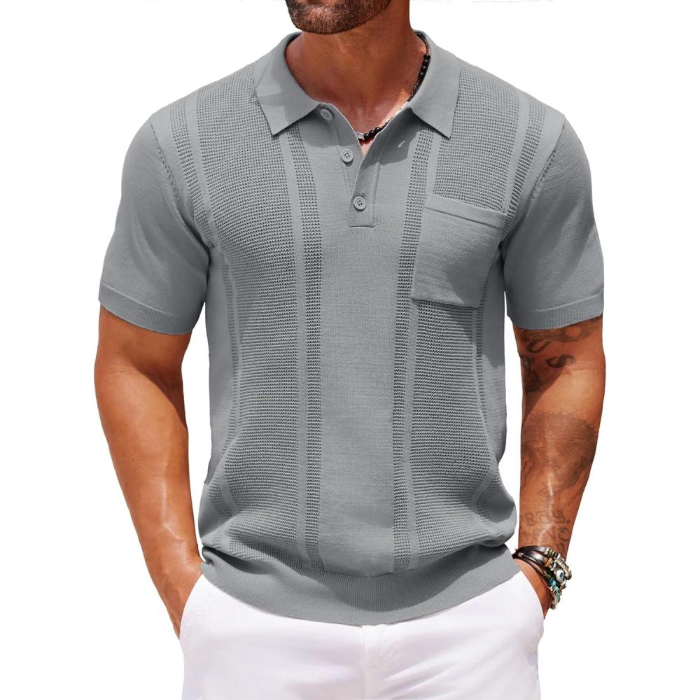 imageCOOFANDY Knit Polo Shirts for Men Short Sleeve Textured Polo Shirt Slim Fit Summer Collared T Shirt with PocketLight Grey