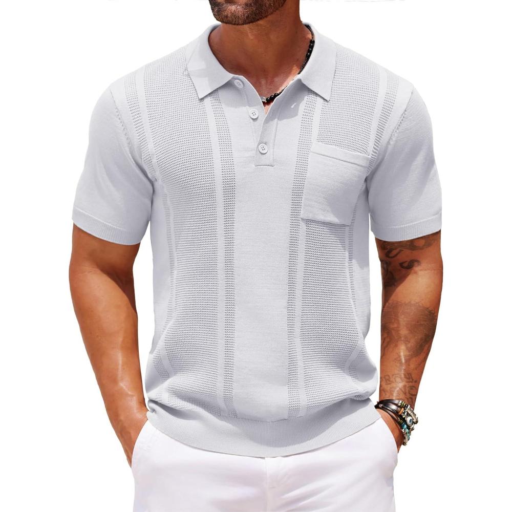 imageCOOFANDY Knit Polo Shirts for Men Short Sleeve Textured Polo Shirt Slim Fit Summer Collared T Shirt with PocketWhite