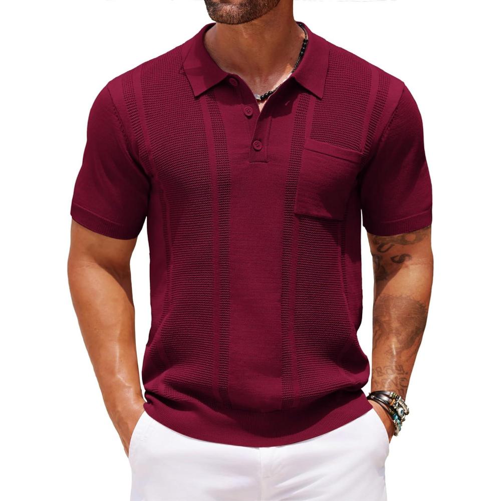 imageCOOFANDY Knit Polo Shirts for Men Short Sleeve Textured Polo Shirt Slim Fit Summer Collared T Shirt with PocketWine Red