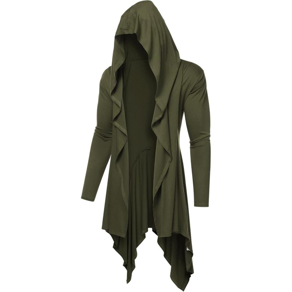 imageCOOFANDY Long Hooded Cardigan Ruffle Shawl Collar Open Front Lightweight Drape Cape Overcoat with PocketsArmy Green