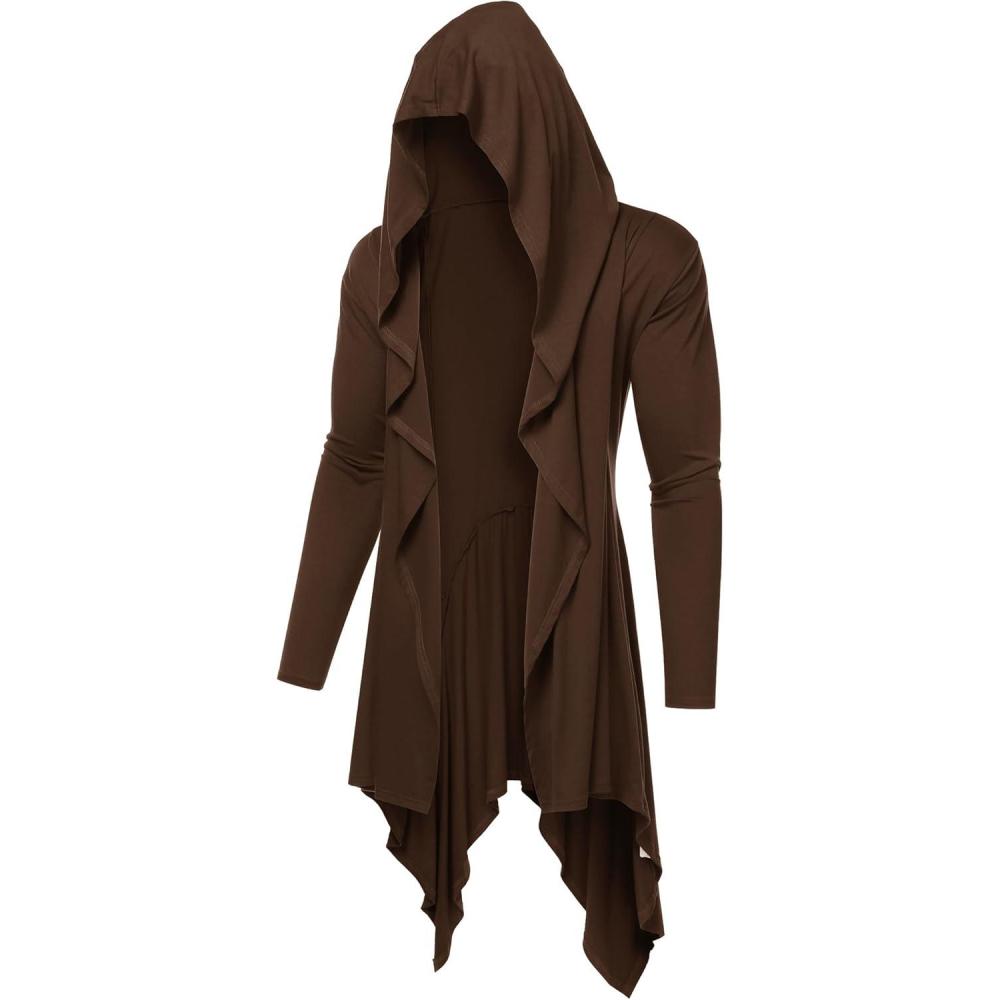 imageCOOFANDY Long Hooded Cardigan Ruffle Shawl Collar Open Front Lightweight Drape Cape Overcoat with PocketsBrown