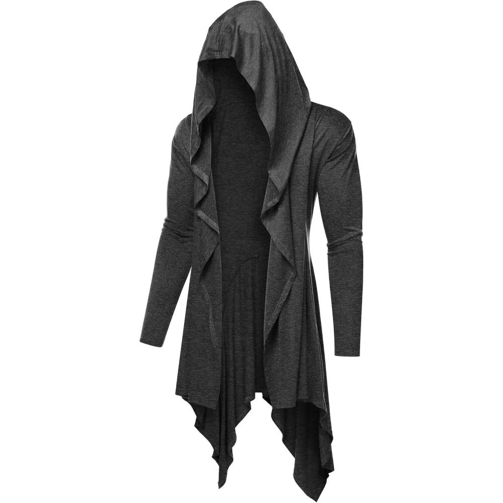 imageCOOFANDY Long Hooded Cardigan Ruffle Shawl Collar Open Front Lightweight Drape Cape Overcoat with PocketsDark Grey