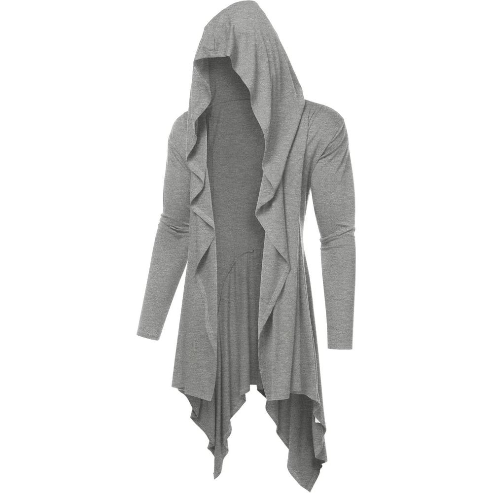 imageCOOFANDY Long Hooded Cardigan Ruffle Shawl Collar Open Front Lightweight Drape Cape Overcoat with PocketsLight Grey