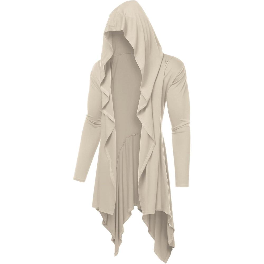 imageCOOFANDY Long Hooded Cardigan Ruffle Shawl Collar Open Front Lightweight Drape Cape Overcoat with PocketsLight Khaki