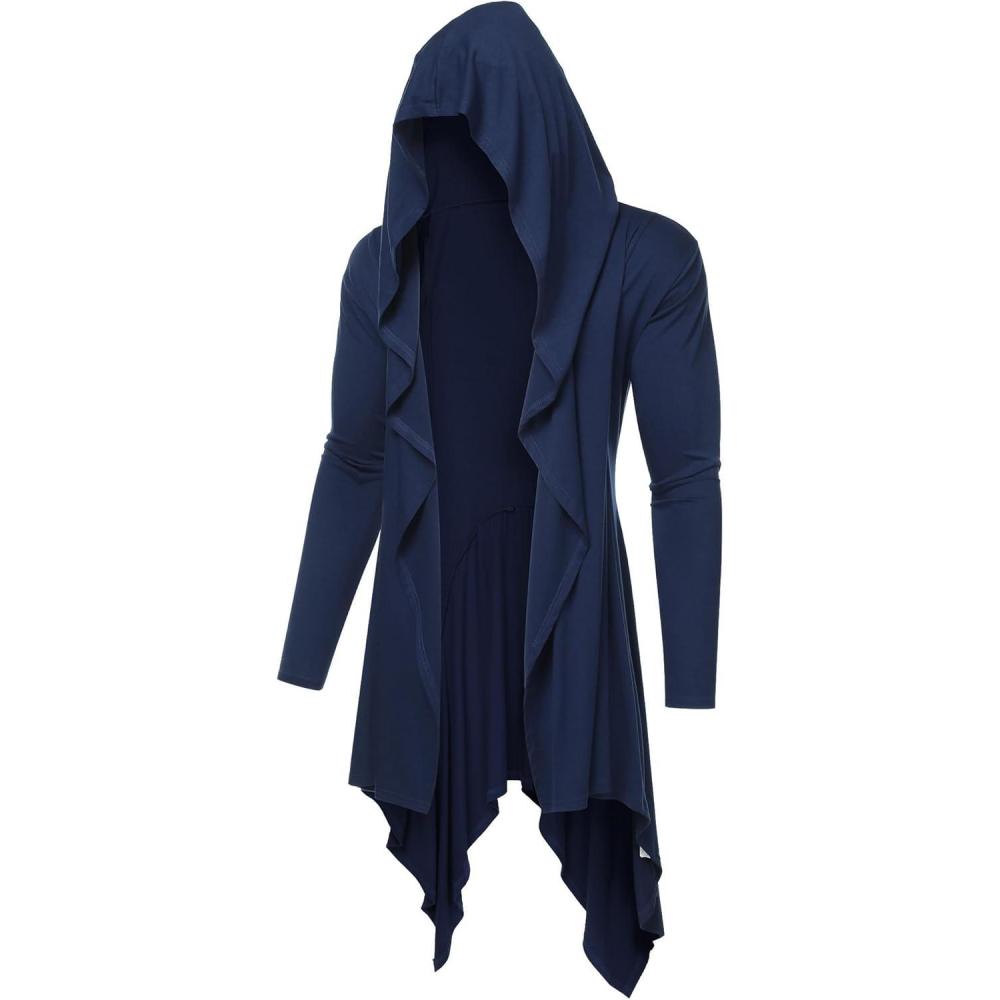 imageCOOFANDY Long Hooded Cardigan Ruffle Shawl Collar Open Front Lightweight Drape Cape Overcoat with PocketsNavy