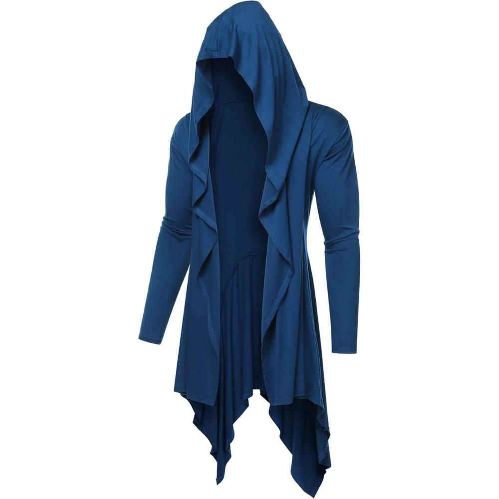imageCOOFANDY Long Hooded Cardigan Ruffle Shawl Collar Open Front Lightweight Drape Cape Overcoat with PocketsNavy Blue
