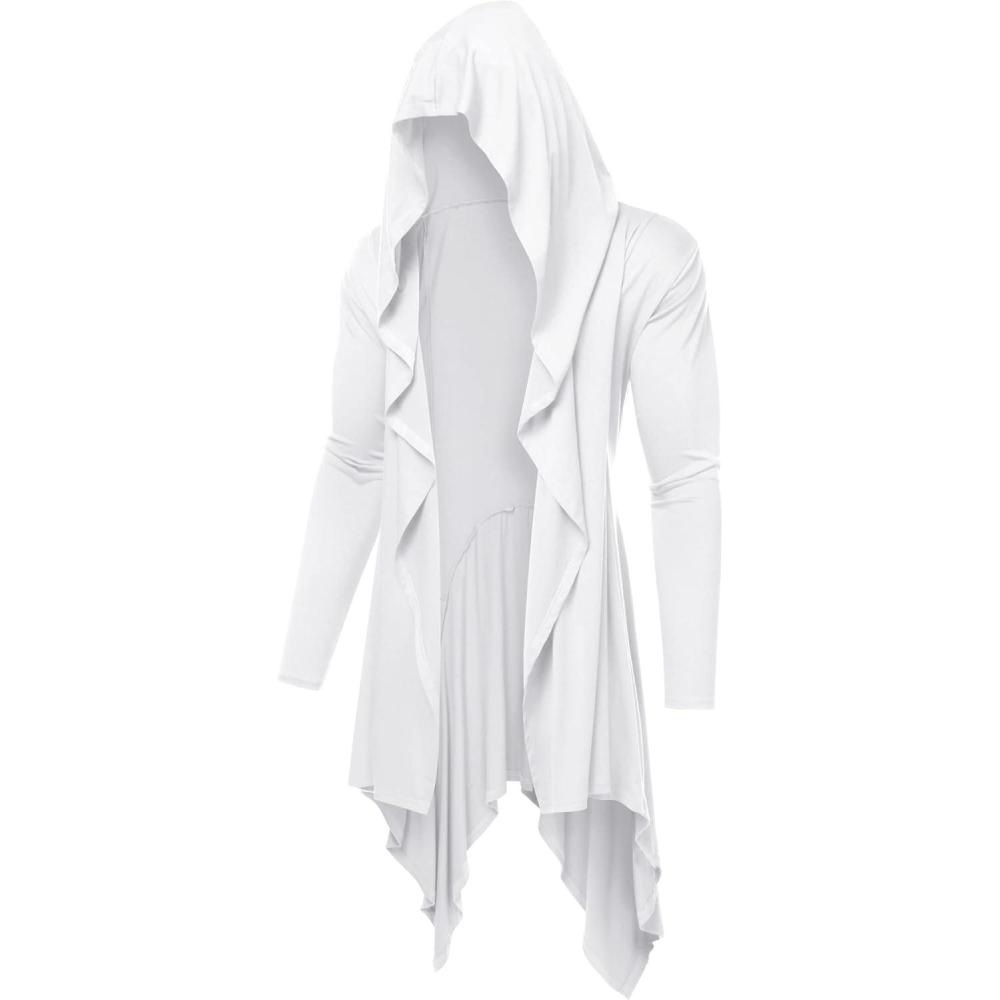 imageCOOFANDY Long Hooded Cardigan Ruffle Shawl Collar Open Front Lightweight Drape Cape Overcoat with PocketsWhite