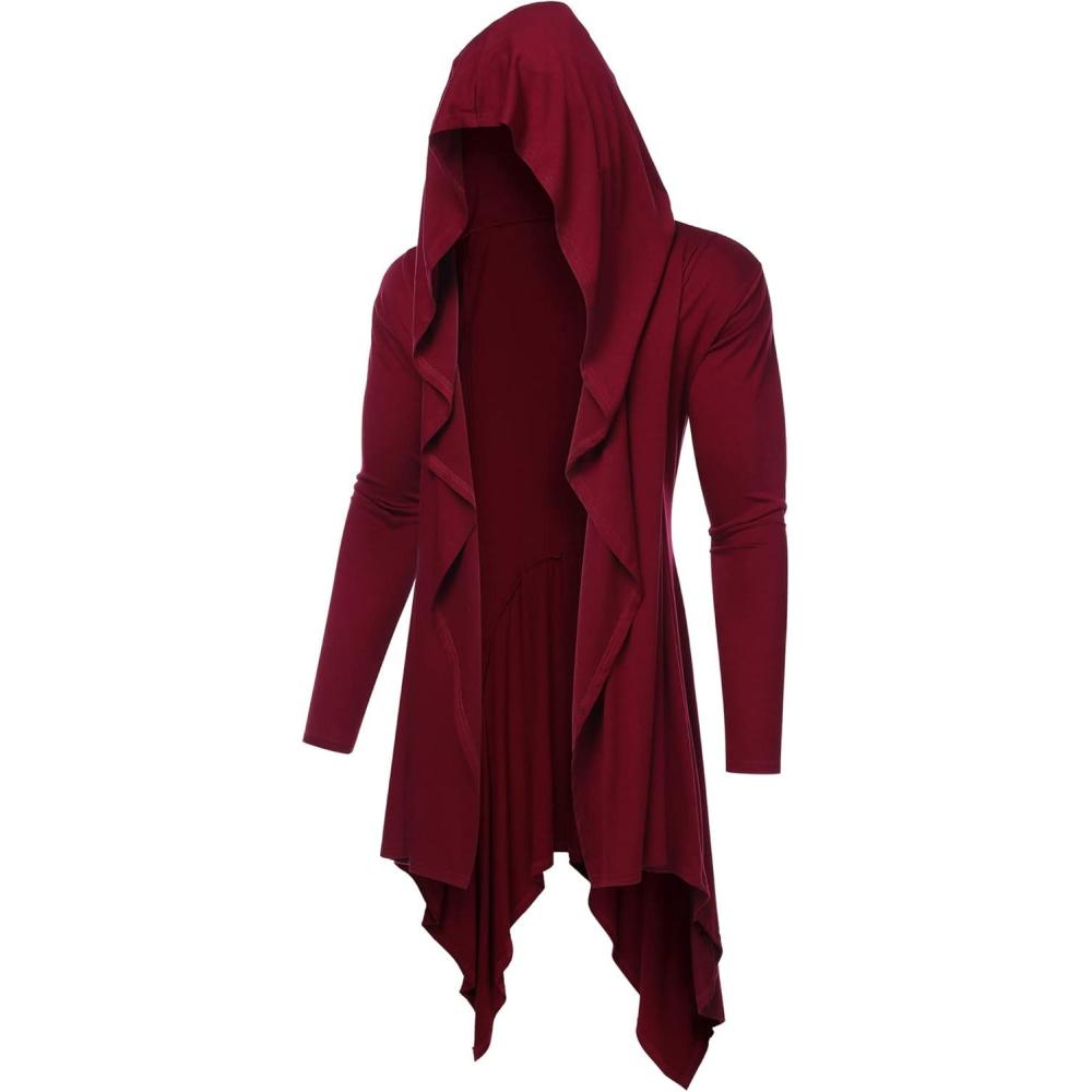 imageCOOFANDY Long Hooded Cardigan Ruffle Shawl Collar Open Front Lightweight Drape Cape Overcoat with PocketsWine Red