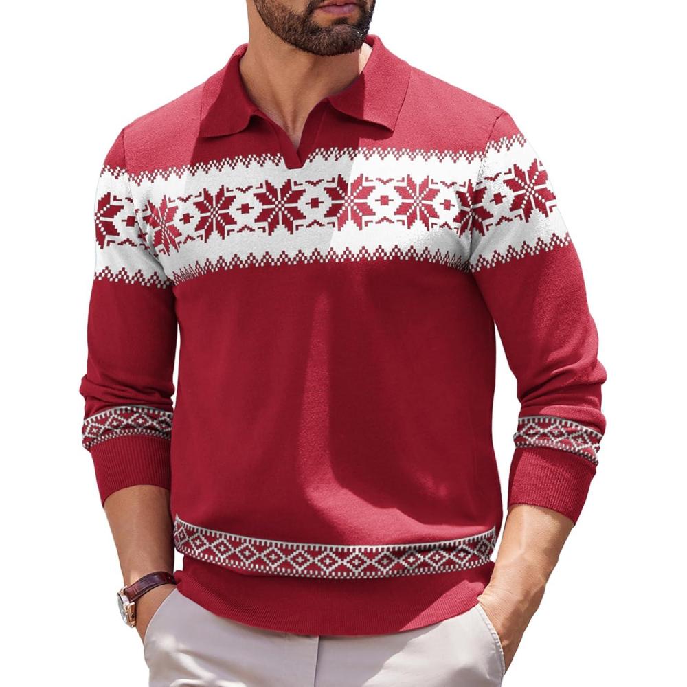 imageCOOFANDY Long Sleeve Polo Shirts for Men Knit Polo Sweater Lightweight Ribbed Pullover SweaterChristmas Red  White