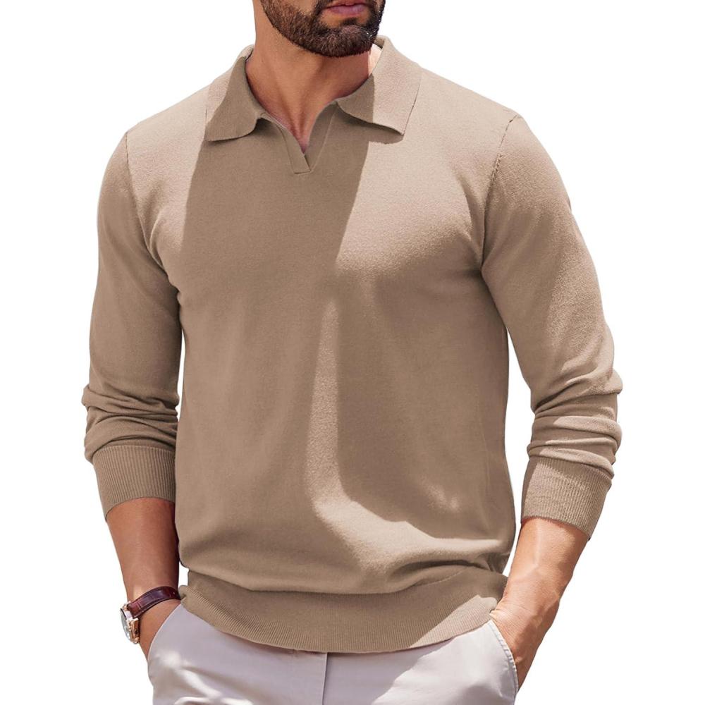 imageCOOFANDY Long Sleeve Polo Shirts for Men Knit Polo Sweater Lightweight Ribbed Pullover SweaterLight Khaki