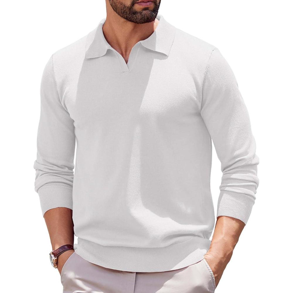 imageCOOFANDY Long Sleeve Polo Shirts for Men Knit Polo Sweater Lightweight Ribbed Pullover SweaterWhite