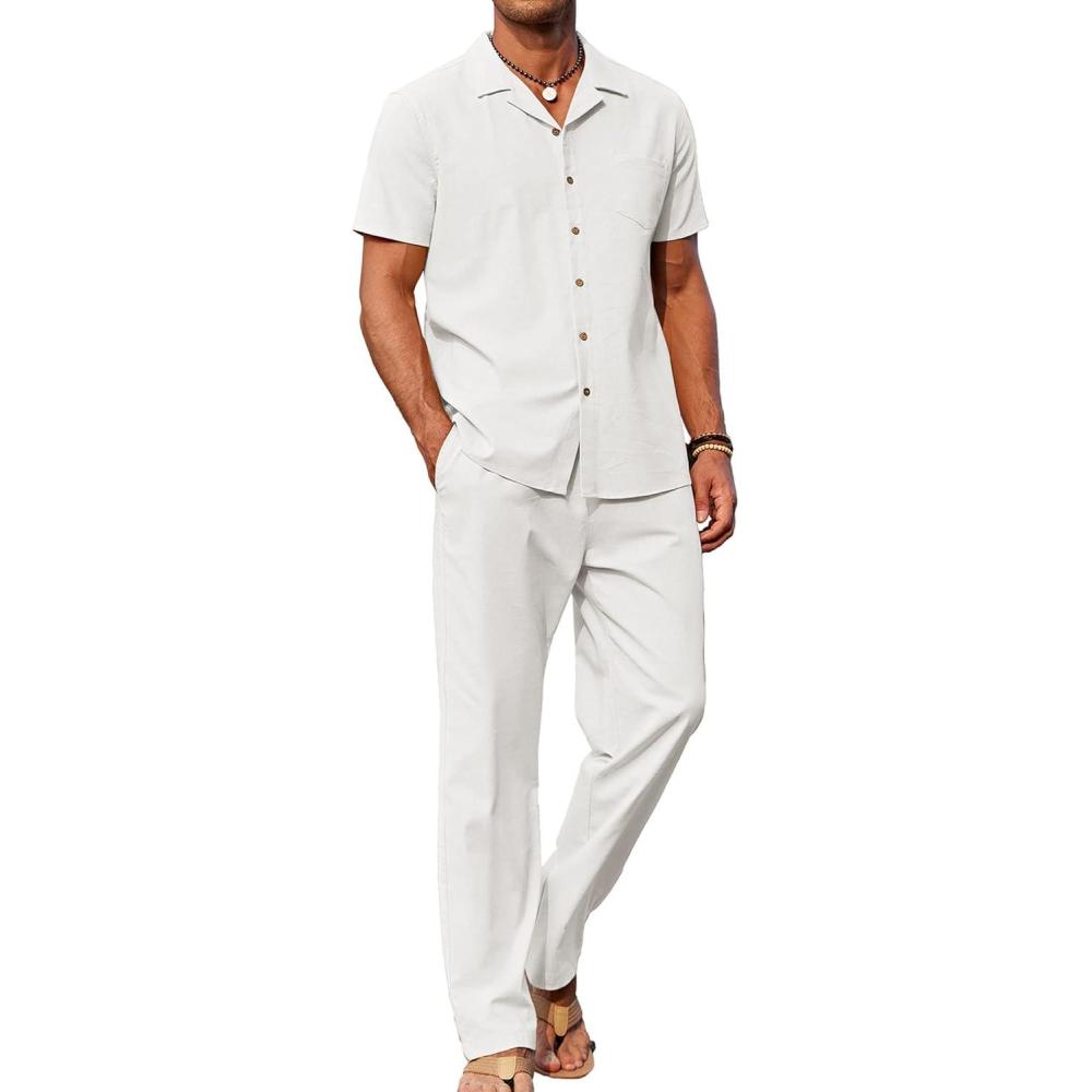 imageCOOFANDY Men 2 Piece Linen Outfit Beach Button Down Shirt Casual Loose Pant SetsAwhite