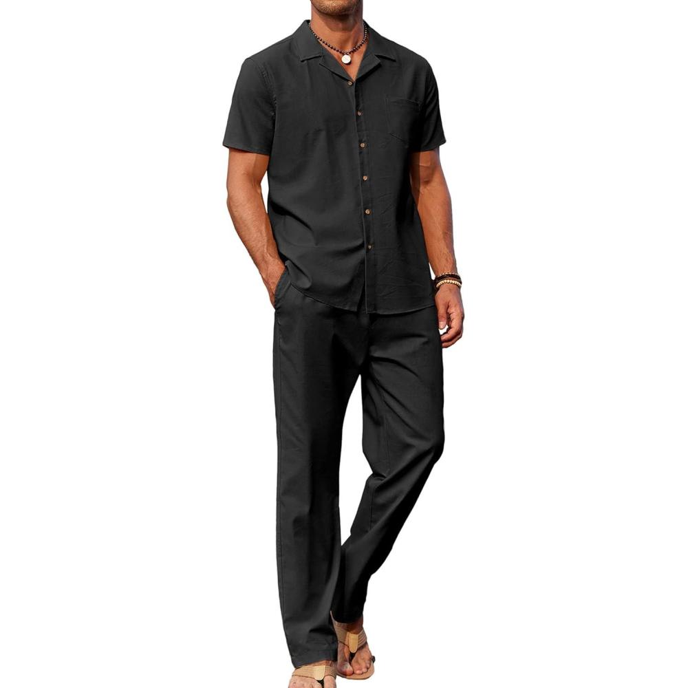 imageCOOFANDY Men 2 Piece Linen Outfit Beach Button Down Shirt Casual Loose Pant SetsBlack
