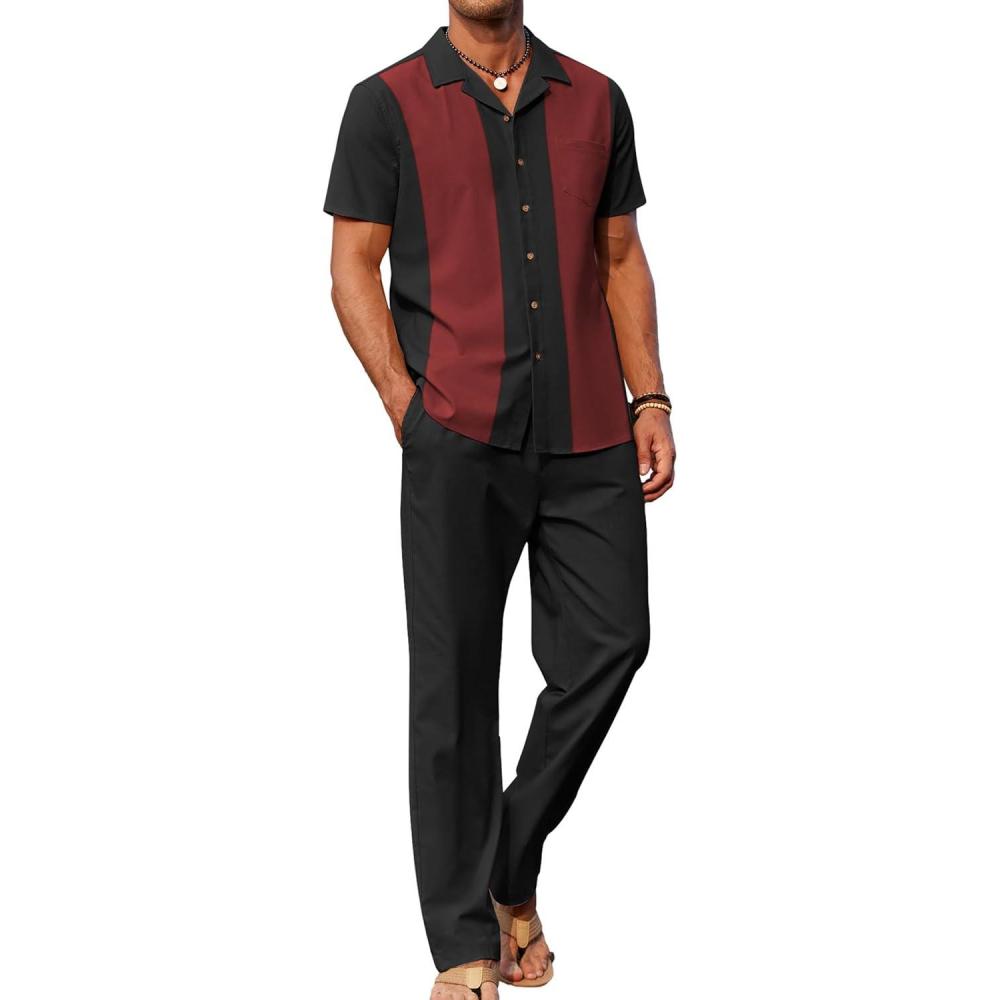 imageCOOFANDY Men 2 Piece Linen Outfit Beach Button Down Shirt Casual Loose Pant SetsBlack Patchwork Wine Red ShirtBlack Pants