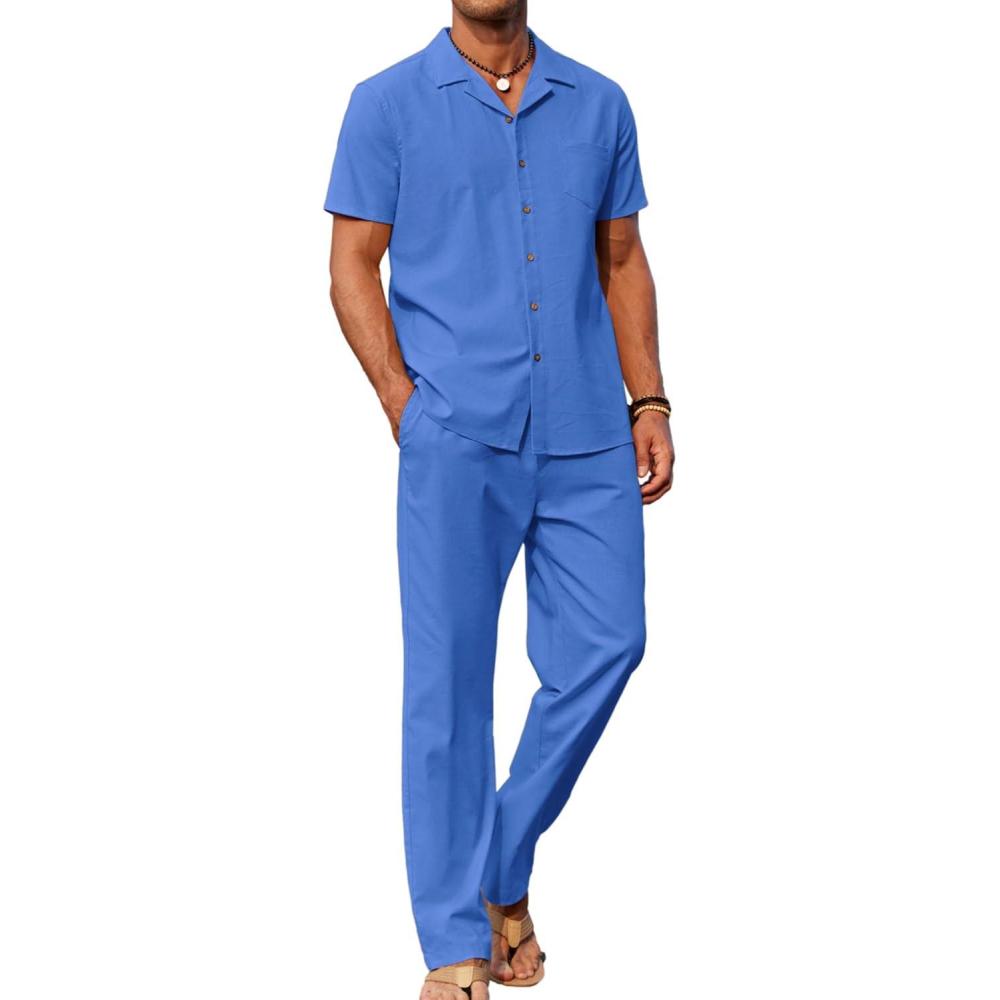 imageCOOFANDY Men 2 Piece Linen Outfit Beach Button Down Shirt Casual Loose Pant SetsBlue