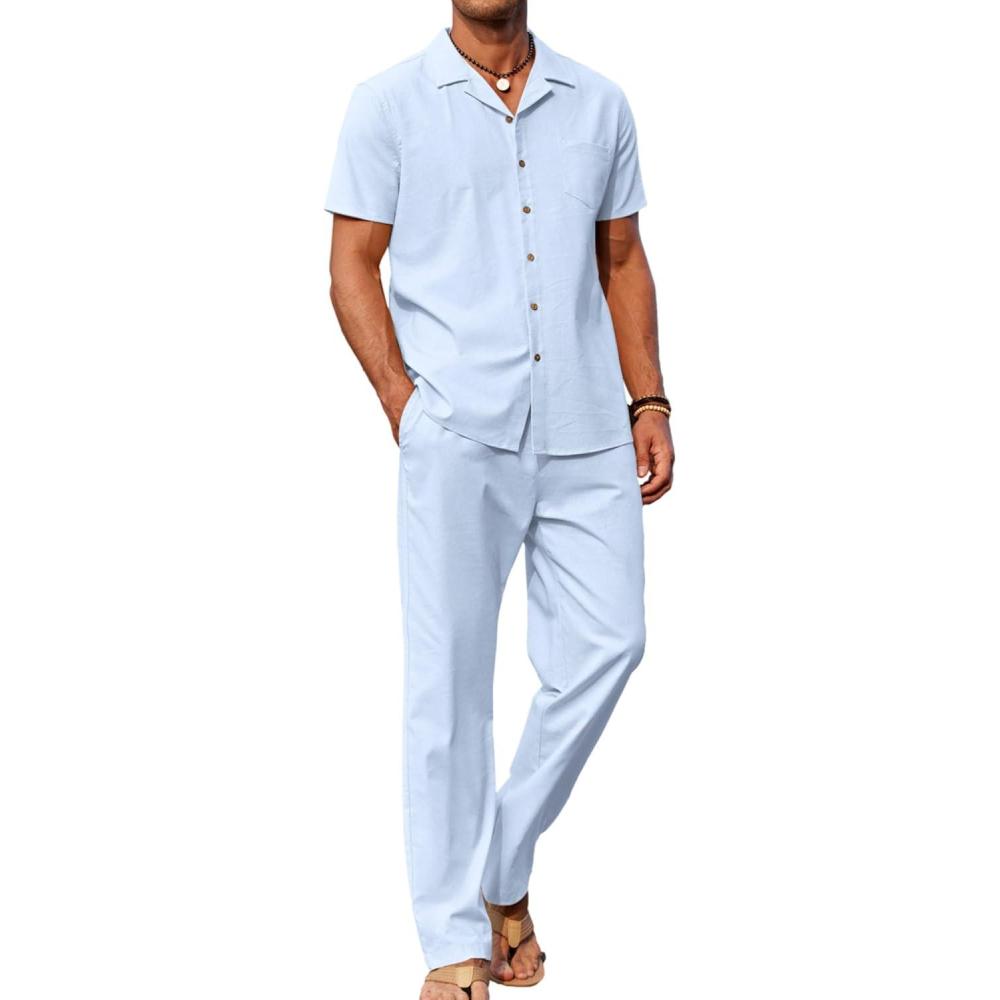 imageCOOFANDY Men 2 Piece Linen Outfit Beach Button Down Shirt Casual Loose Pant SetsClear Blue