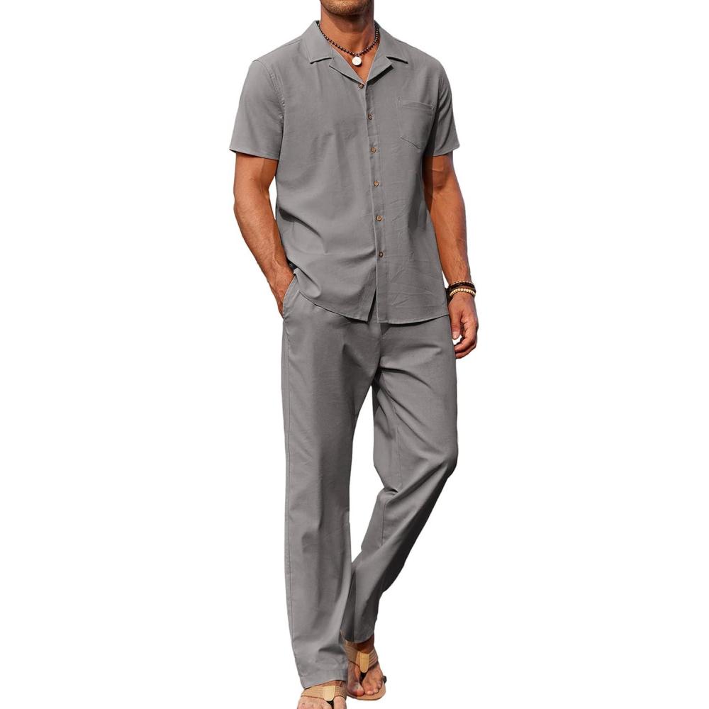imageCOOFANDY Men 2 Piece Linen Outfit Beach Button Down Shirt Casual Loose Pant SetsGrey