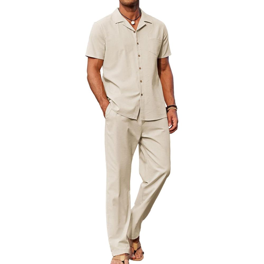imageCOOFANDY Men 2 Piece Linen Outfit Beach Button Down Shirt Casual Loose Pant SetsKhaki