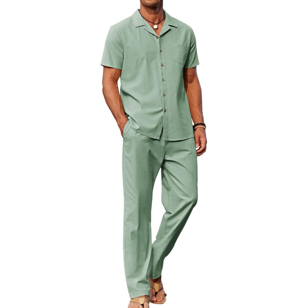 imageCOOFANDY Men 2 Piece Linen Outfit Beach Button Down Shirt Casual Loose Pant SetsLight Green
