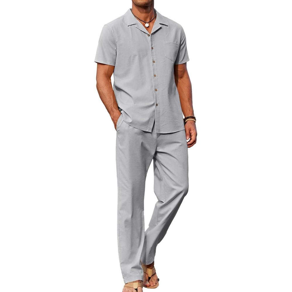 imageCOOFANDY Men 2 Piece Linen Outfit Beach Button Down Shirt Casual Loose Pant SetsLight Grey