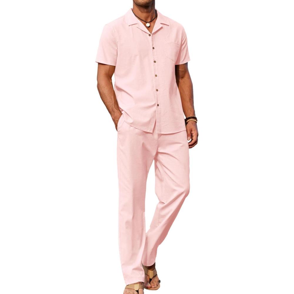 imageCOOFANDY Men 2 Piece Linen Outfit Beach Button Down Shirt Casual Loose Pant SetsLight Pink