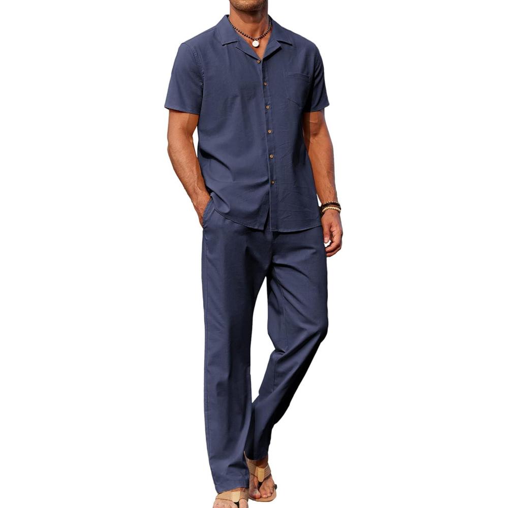 imageCOOFANDY Men 2 Piece Linen Outfit Beach Button Down Shirt Casual Loose Pant SetsNavy Blue