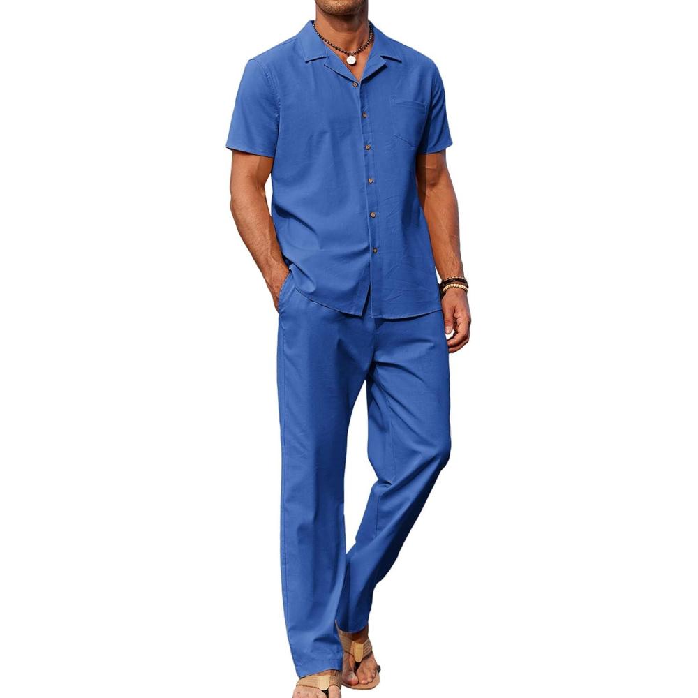 imageCOOFANDY Men 2 Piece Linen Outfit Beach Button Down Shirt Casual Loose Pant SetsRoyal Blue