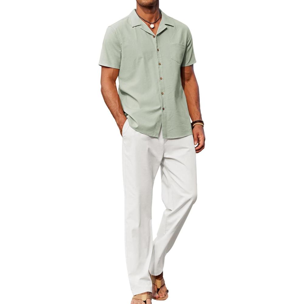 imageCOOFANDY Men 2 Piece Linen Outfit Beach Button Down Shirt Casual Loose Pant SetsSage Green ShirtWhite Pants