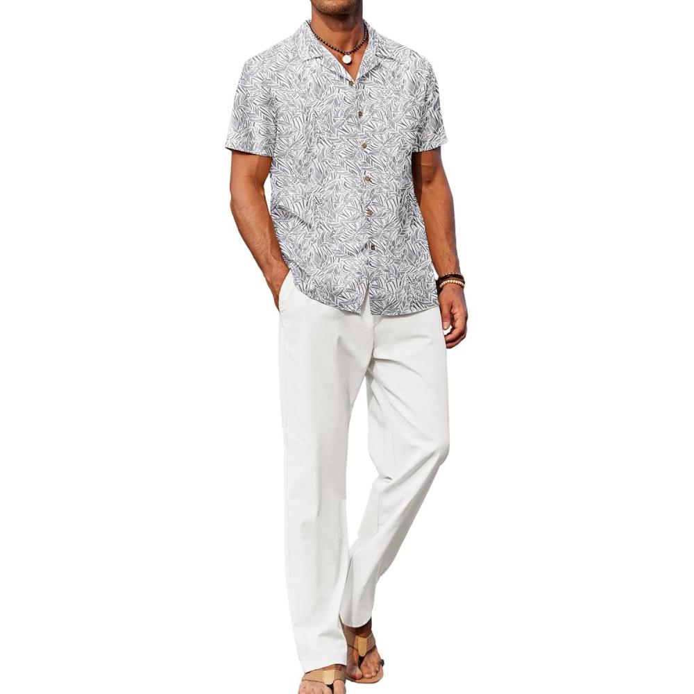 imageCOOFANDY Men 2 Piece Linen Outfit Beach Button Down Shirt Casual Loose Pant SetsWhite Floral ShirtWhite Pants