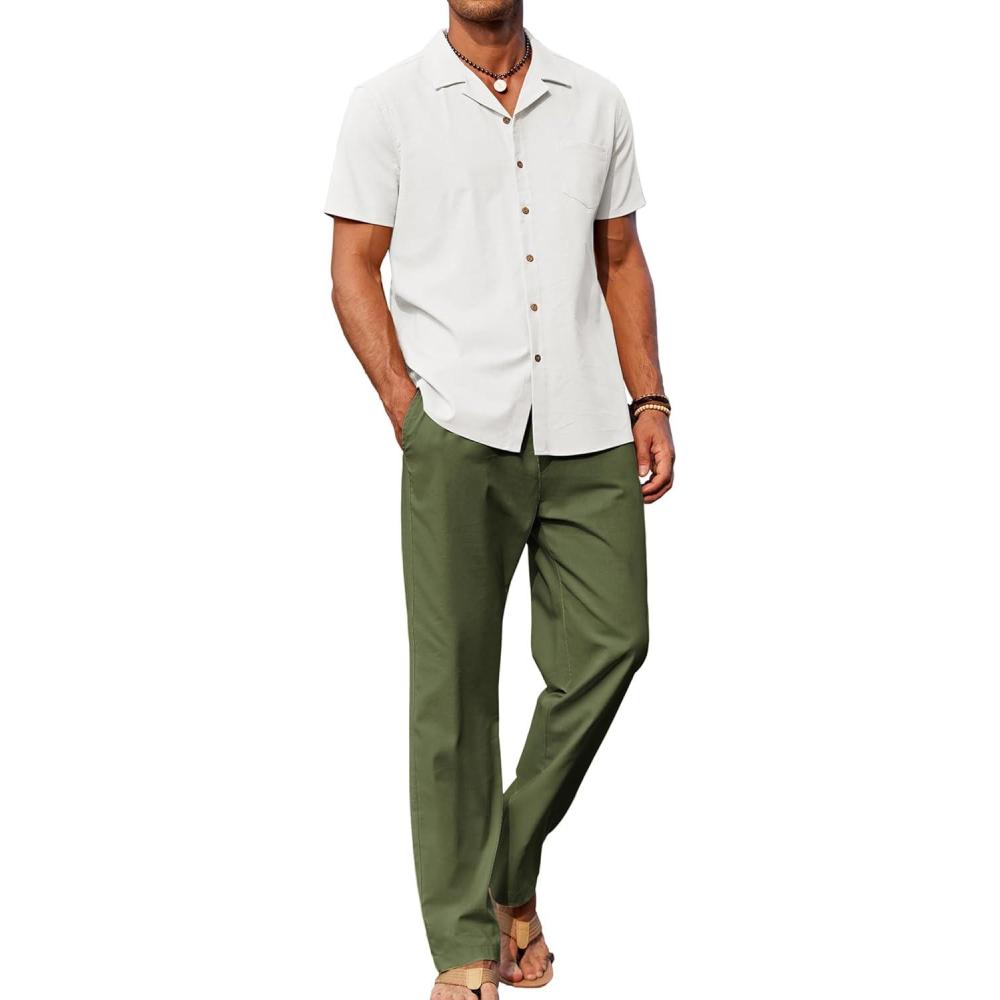 imageCOOFANDY Men 2 Piece Linen Outfit Beach Button Down Shirt Casual Loose Pant SetsWhite ShirtArmy Green Pants