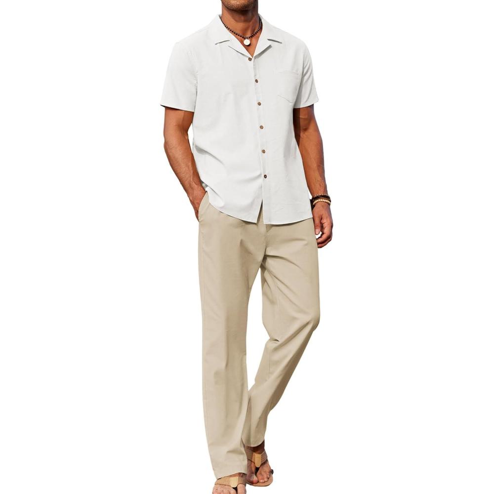 imageCOOFANDY Men 2 Piece Linen Outfit Beach Button Down Shirt Casual Loose Pant SetsWhite ShirtKhaki Pants