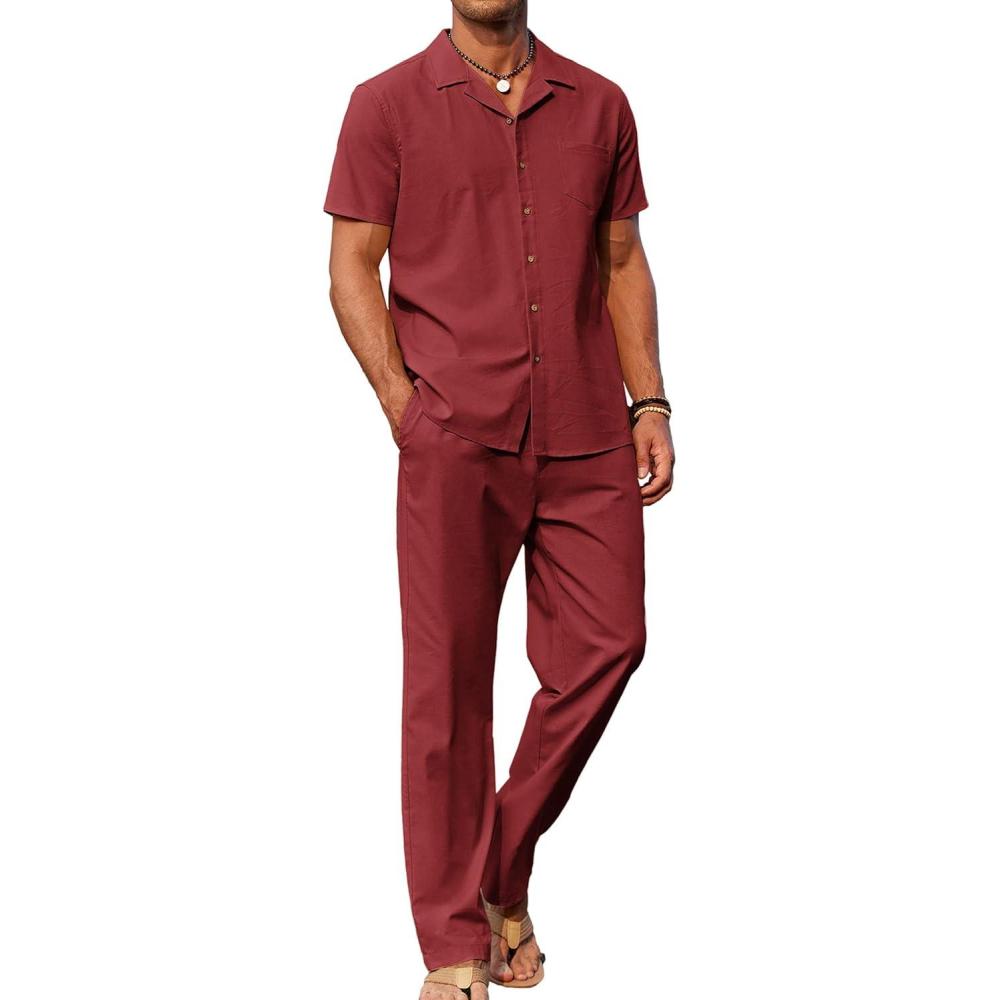 imageCOOFANDY Men 2 Piece Linen Outfit Beach Button Down Shirt Casual Loose Pant SetsWine Red