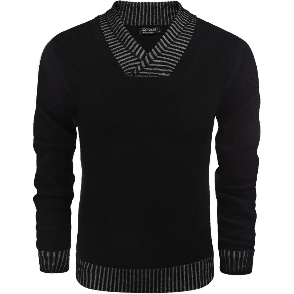 imageCOOFANDY Men Casual Knitted Sweaters Shawl Collar Dress Sweater Long Sleeve VNeck Pullover TopsBlack