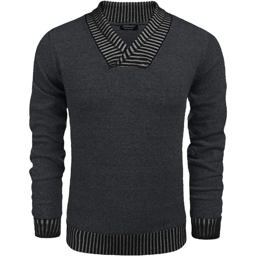imageCOOFANDY Men Casual Knitted Sweaters Shawl Collar Dress Sweater Long Sleeve VNeck Pullover TopsDark Grey