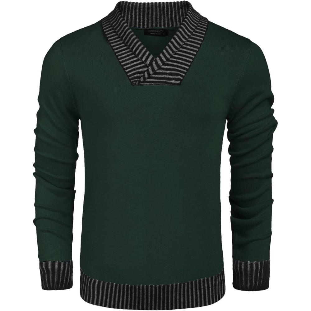imageCOOFANDY Men Casual Knitted Sweaters Shawl Collar Dress Sweater Long Sleeve VNeck Pullover TopsGreen