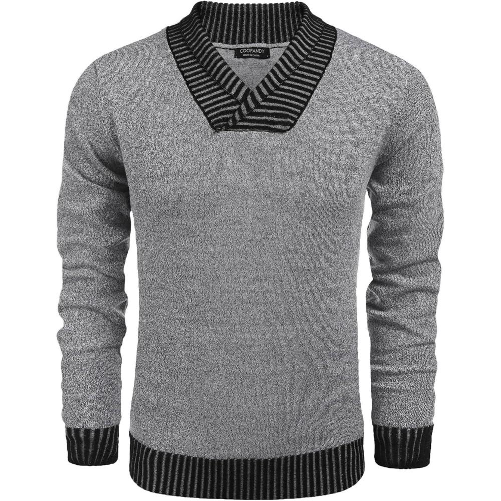 imageCOOFANDY Men Casual Knitted Sweaters Shawl Collar Dress Sweater Long Sleeve VNeck Pullover TopsGrey