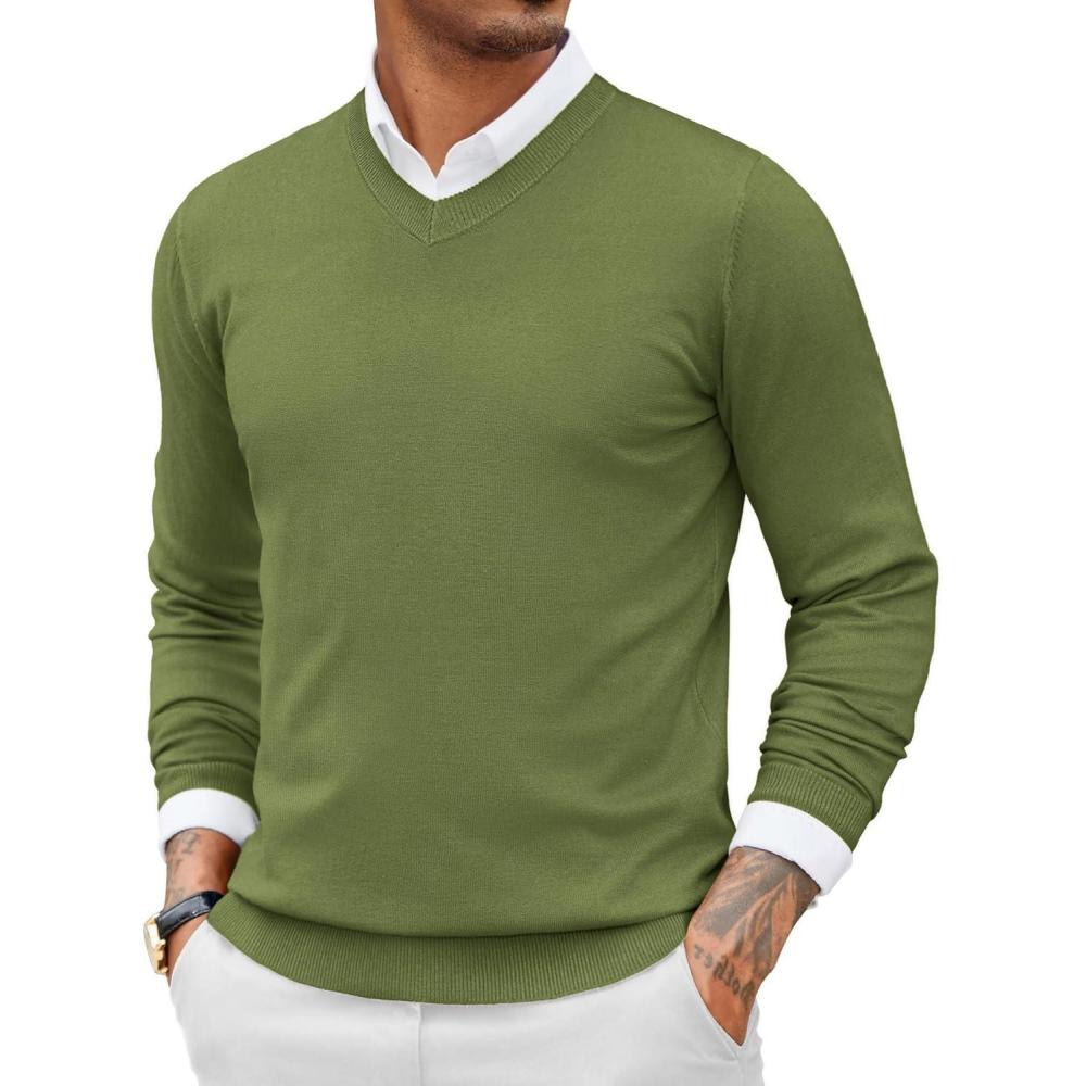 imageCOOFANDY Men Casual V Neck Sweater Ribbed Knit Slim Fit Long Sleeve Pullover TopArmy Green
