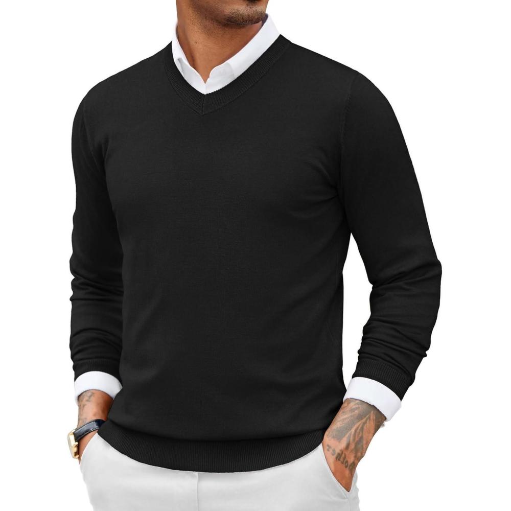 imageCOOFANDY Men Casual V Neck Sweater Ribbed Knit Slim Fit Long Sleeve Pullover TopBlack